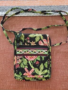 Vera Bradley Black Floral Quilted Crossbody with Green and Pink Accents